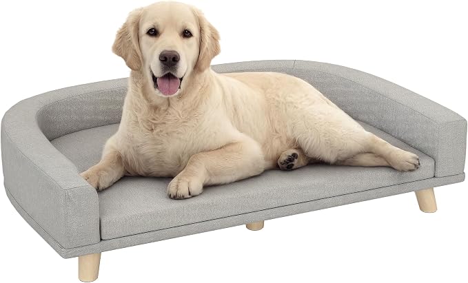 PawHut Dog Sofa Couch, Pet Bed with Comfortable Luxury Cushion, Washable Cover, Wooden Legs, Anti-Slip Mat for Large Dogs, Cats, Kittens, Gray