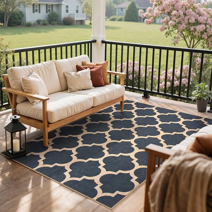 Lahome Moroccan 3x5 Outdoor Rug, Easy Jute Blue Washable Rug for Entryway Front Porch, Geometric Trellis Woven Non Slip Door Mat for Entrance, Thin Non Shedding Farmhouse Throw Rugs for Balcony