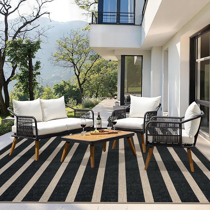 Lahome Striped Easy Jute Living Room Rug, 8x10 Outdoor Patio Rugs Washable | Black Indoor Area Rug, Modern Farmhouse Geometric Non Slip Non Shedding Carpet for Office Backyard Dining Room Sunroom