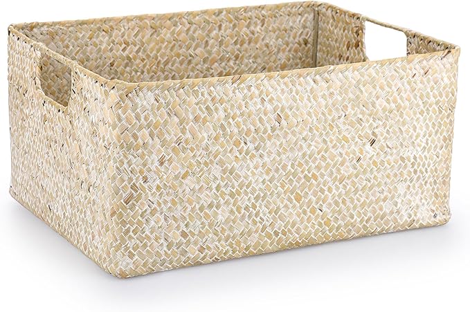 Hipiwe Wicker Shelf Baskets Seagrass Storage Opened Baskets Bin with Handle | Rectangular Closet Bedroom Basket Organizer Box, Multipurpose Woven Basket Home Organizer, Whitewash 14.6"x 10.6" x 7"