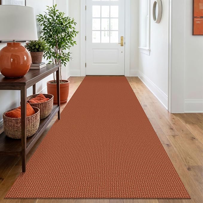 IOHOUZE Washable Runner Rug 3x10 Non Slip Rubber Backed Long Hallway Runner Entryway Runner Indoor, Kitchen Rugs Woven Cotton Floor Carpet for Hall Entrance, Burnt Orange/Tan