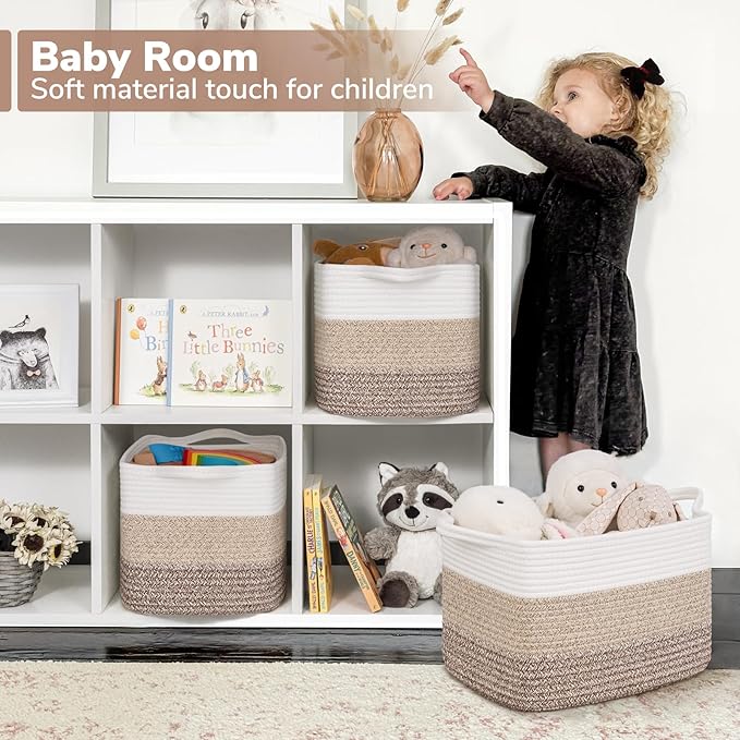Goodpick Woven Storage Basket for Shelves, 13" x 10" x 9", Gradient Brown | Rectangle Design, Books, Dog Toys & Towels Storage, Shelf & Closet Organization, Reinforced Handles, Stylish Home Decor