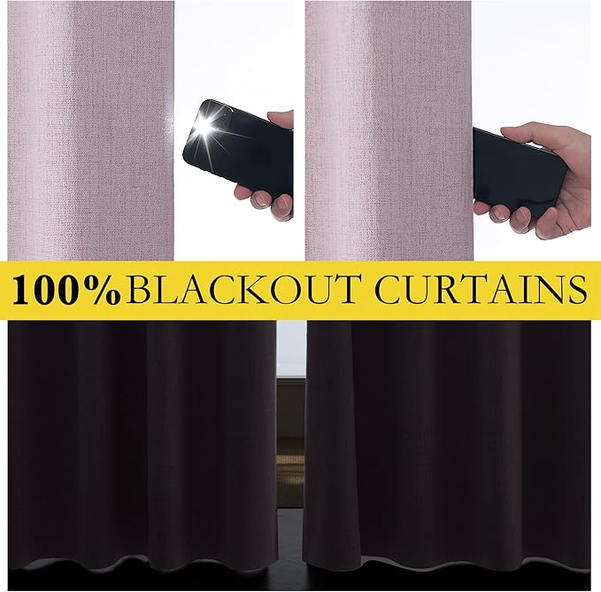 NICETOWN Pink Vintage Linen 100% Blackout Curtains for Living Room, Thermal Insulated Curtains 84“ Long, Noise Reducing Window Treatment Drapes for Hall Room, 52" Wide Per Panel, Set of 2