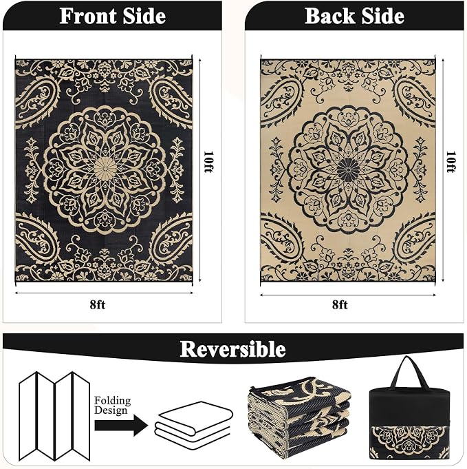 Pauwer Outdoor Rug 8x10, Waterproof Plastic Camping Rug, Boho Black Brown | Reversible Patio Rug, UV Resistant Indoor Outdoor RV Mat Carpet For Deck, Camper, Porch, Balcony, Backyard, Picnic, Foldable