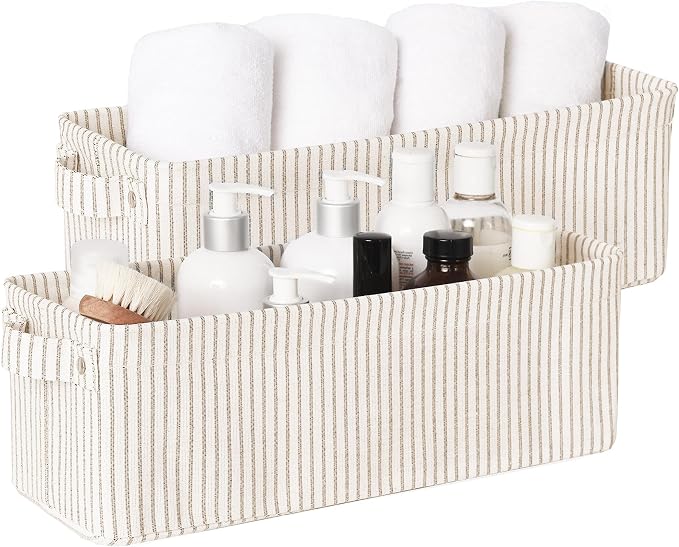 StorageWorks Narrow Storage Bins, Small Basket for Closet and Shelves, Fabric Organizer with Handles, Toilet Paper Storage, Khaki and Beige Stripes, 2-Pack