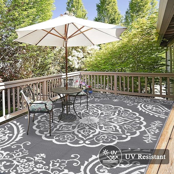 Pauwer Outdoor Rug 8x10, Waterproof Plastic Straw Camping Rug, Boho Grey | Reversible Patio Rug, UV Resistant Indoor Outdoor RV Mat Carpet For Deck, Camper, Porch, Balcony, Backyard, Picnic, Foldable