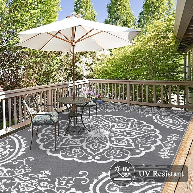 Pauwer Outdoor Rug 10x14, Waterproof Plastic Straw Camping Rug, Boho Grey | Reversible Patio Rug, UV Resistant Indoor Outdoor RV Mat Carpet For Deck, Camper, Porch, Balcony, Backyard, Picnic, Foldable