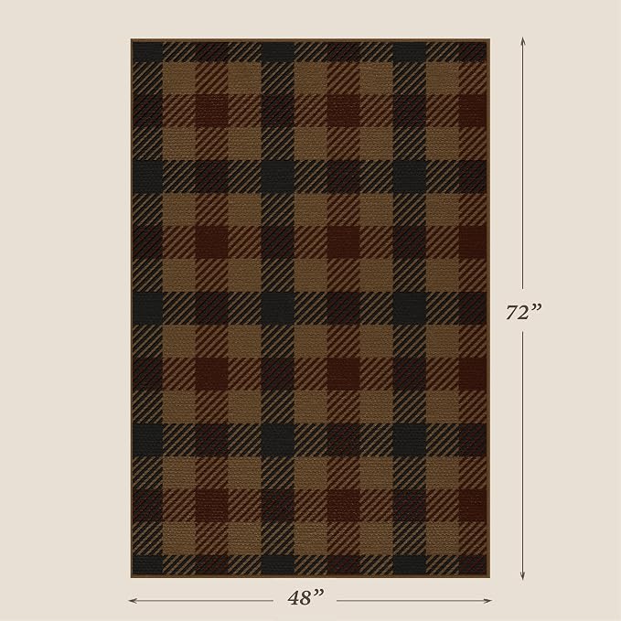 Neutral 4x6 Area Rug for Indoor Entrance - Easy Jute Brown and Red Checkered Rug for Large Entryway, Small Living Room, Stain Resistant Low Pile Retro Vintage Dark Décor
