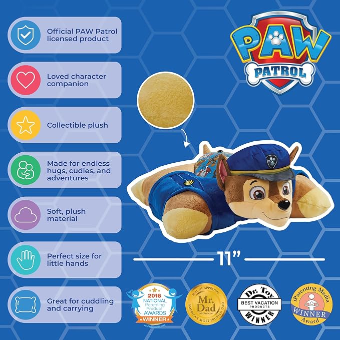Pillow Pets Nickelodeon Paw Patrol Chase, 11" Sleeptime Lite | Plush Pillow and Night Light in One, Projects Rainbow Stars, 3 Light Modes, 20-Minute Auto-Off Timer, BPA Free