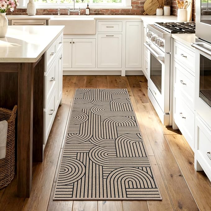 COZYLOOM Easy Jute Rugs for Entryway 2x6 Kitchen Runner Rug Non Slip, Modern Striped Washable Rug Stain Resistant Farmhouse Carpet Non Shedding Foldable Abstract Mats for Bedroom, Patio, Natural Color