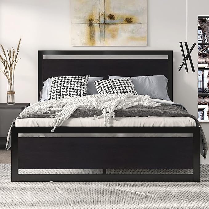 SHA CERLIN Heavy Duty Queen Size Bed Frame with Modern Headboard, Black | Platform Metal Base with Square Footboard and 13 Strong Slats Support, No Box Spring Needed