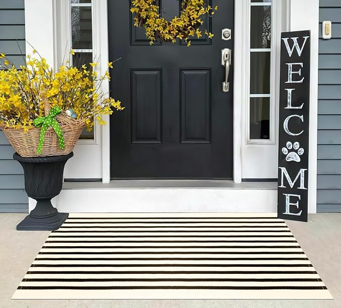 Black Beige Layered Doormat -2.3'x3.6' Striped Front Porch Rug Outdoor Washable Area Rug for Spring Welcome Mats Indoor Outdoor Doormat for Entryway Porch Entrance
