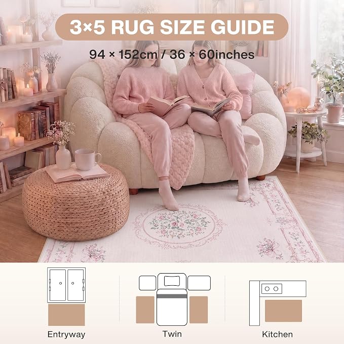 Tribesigns Floral Bow 3x5 Pink Rug for Girls Bedroom, Soft Rose Medallion Washable Nursery Living Room Area Rug, Non-Slip Low Pile Boho Floral Carpet for Dorm Kids Playroom, Pink/3x5