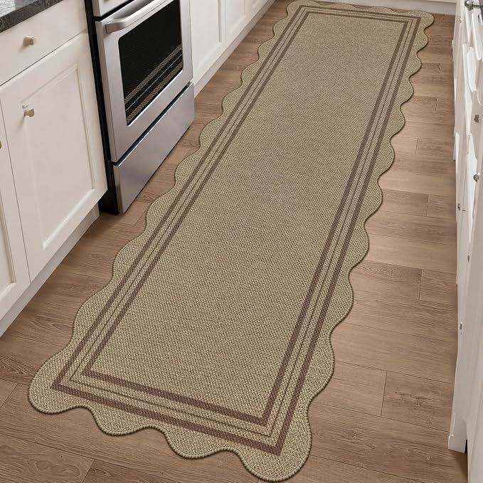 Scalloped Easy Jute 2.6x8 Kitchen Runner Rug, Washable Rugs for Entryway Non Slip Outdoor Indoor Long Rug, Farmhouse Morden Carpet for Hallway Bedroom