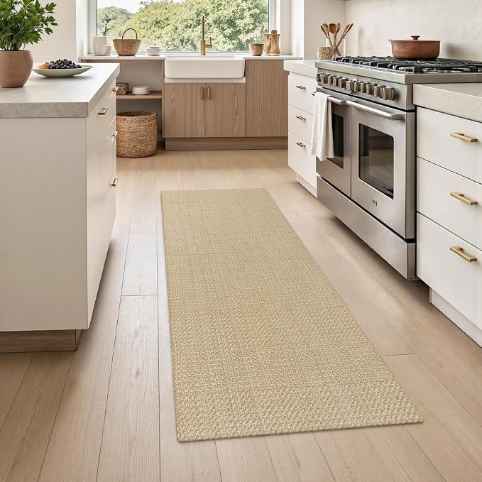 Rugalia Washable Woven Indoor Outdoor Runner Rug, 2x5 Natural Beige Cotton Rug Runners for Hallway Non-Slip Entryway Runner Rugs, Modern Neutral Throw Carpet for Kitchen Porch Entrance