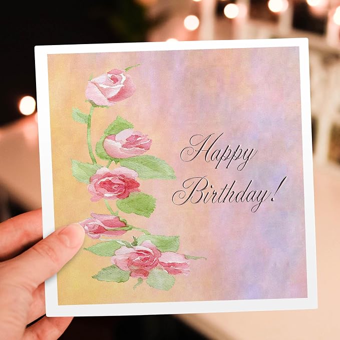 3dRose Painted Pink Roses Happy Birthday - Greeting Cards, 6 x 6 inches, set of 12 (gc_18889_2)