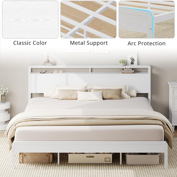LIKIMIO King Size Bed Frame with 2-Tier Storage Shelf Headboard | Wood Platform Bed, Camas King with Strong Metal Supports, Sturdy, Noise-Free, No Box Spring Needed, White