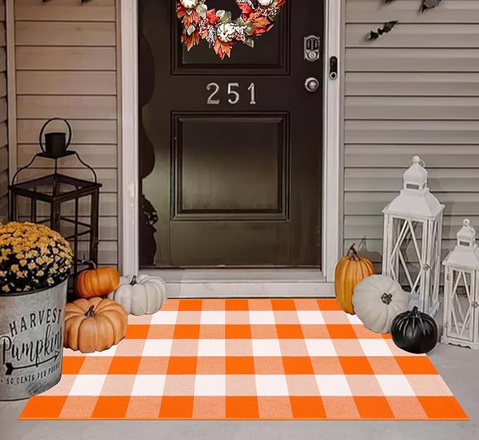 Fall Layered Doormat 27.5 x 43 inch,Orange and White Plaid Rug Cotton Woven Washable Front Door Mat Outdoor Checkered Area Rug for Porch,Entryway,Farmhouse,Halloween,Indoor,Outdoor