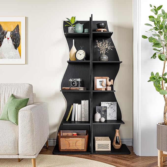 LITTLE TREE Small Corner Shelf, Modern 5-Tier Wall Corner Bookshelf, Stylish Bookcase Storage Rack for Small Space, Living Room, Bedroom, Black, 2 Pack