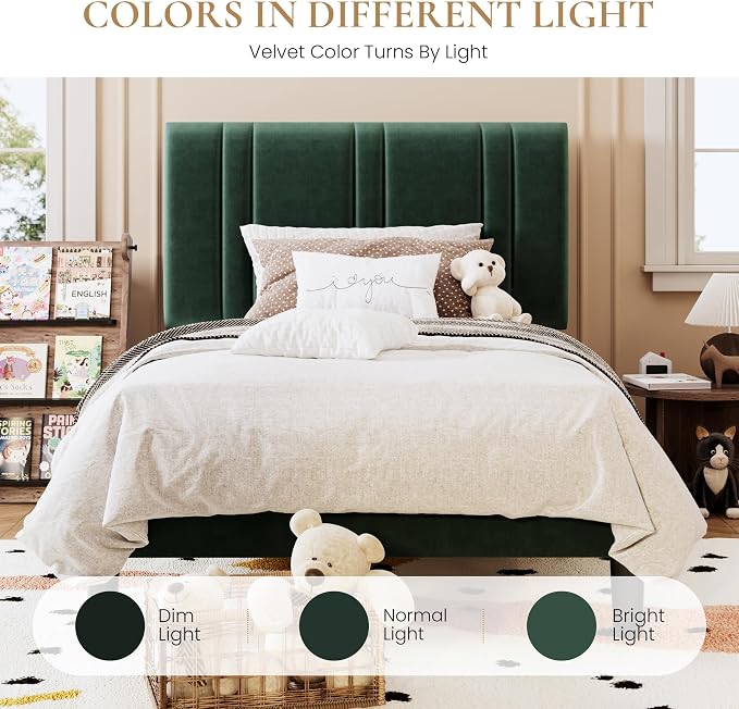 SHA CERLIN Twin Size Velvet Bed Frame with Adjustable Headboard, Green | Vertical Channel Tufted Design, Upholstered Platform Bed, Wood Slats Support/No Box Spring Needed/Easy Assembly