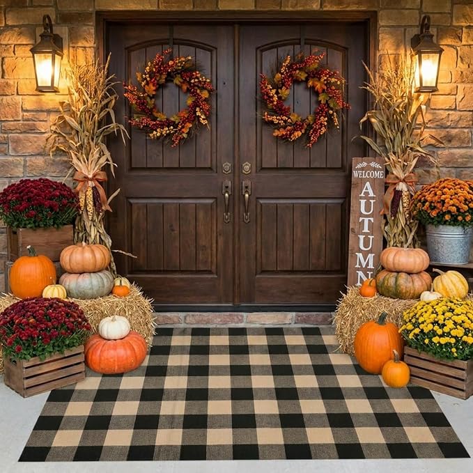 SEEKSEE Buffalo Plaid Rug 4' x 6' Coffee and Black Large Front Door Mat, Layering Area Rug, Washable Rug for Outdoor Patio Entryway Indoor Living Room Kitchen Dining Room Decor