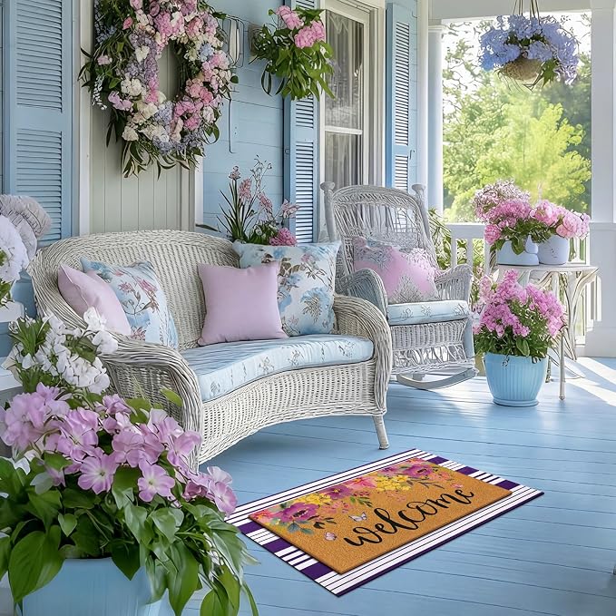 Tinideya 2 Pcs Door Mat Welcome Non Slip Coir Mats Floor Layering Doormats Seasonal for Front Porch Entryway Decor(Purple Flowers)