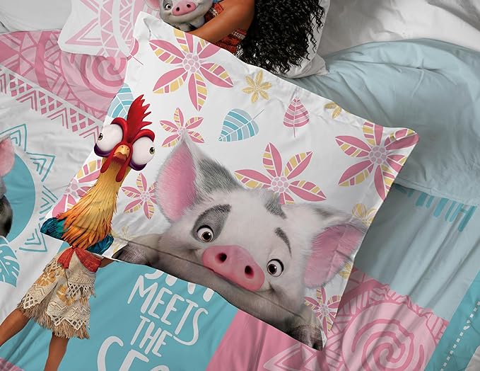 Disney Moana Queen Comforter Set 7 Piece Kids Bedding for Girls, Multi | Bed in a Bag, Comforter Sheets Shams Pillowcases, Official Brand, Soft Microfiber, Machine Washable, Girls Gift