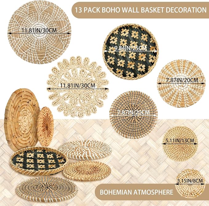 Glenmal 13 Pcs Boho Wall Basket Decor Set Woven Rattan Seagrass,Retro