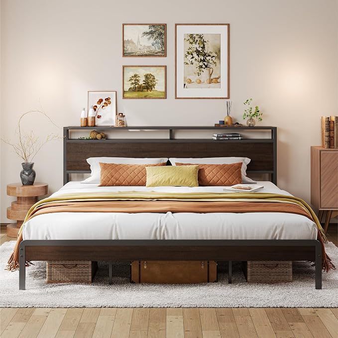 LIKIMIO King Size Bed Frame with 2-Tier Storage Shelf Headboard | Dark Wood Platform Bed, Camas King with Strong Metal Supports, Sturdy, Noise-Free, No Box Spring Needed, Dark Brown