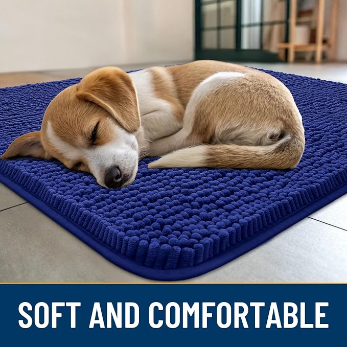 Smiry Dog Door Mat for Muddy Paws 36x24, Absorbent Dirt Trapper, Non-Slip Washable Chenille Entryway Rug for Inside Floor, Navy Blue, Classic Solid