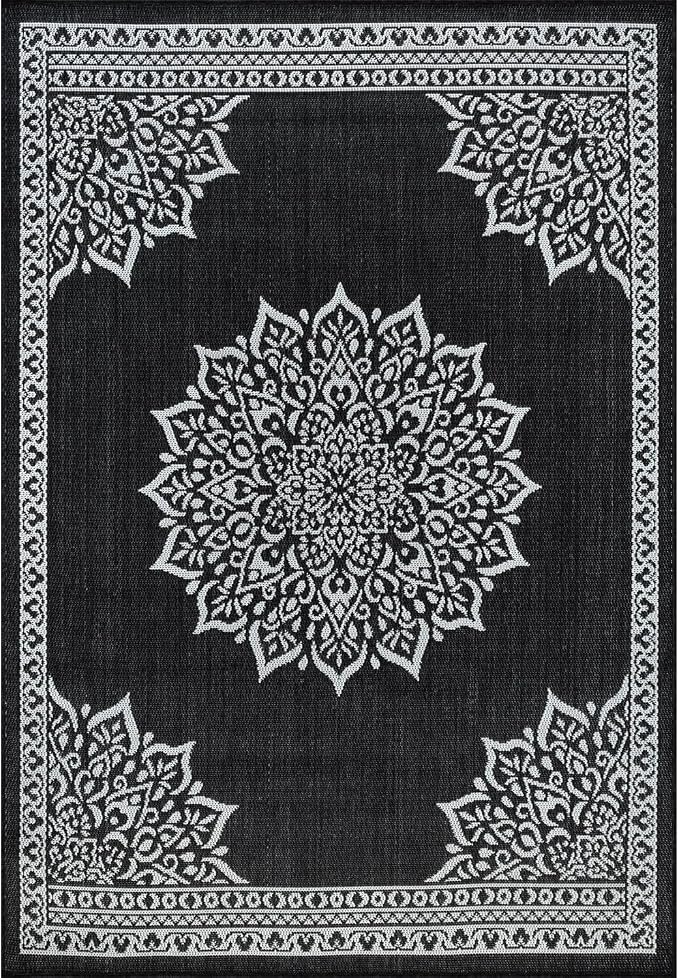 CAMILSON Outdoor Rug, 6x9 Medallion Black White Modern Area Rugs for Indoor and Outdoor Patios, Kitchen and Hallway Mats, Washable Porch Deck Outside Carpet (Medallion Black, 6 x 9)