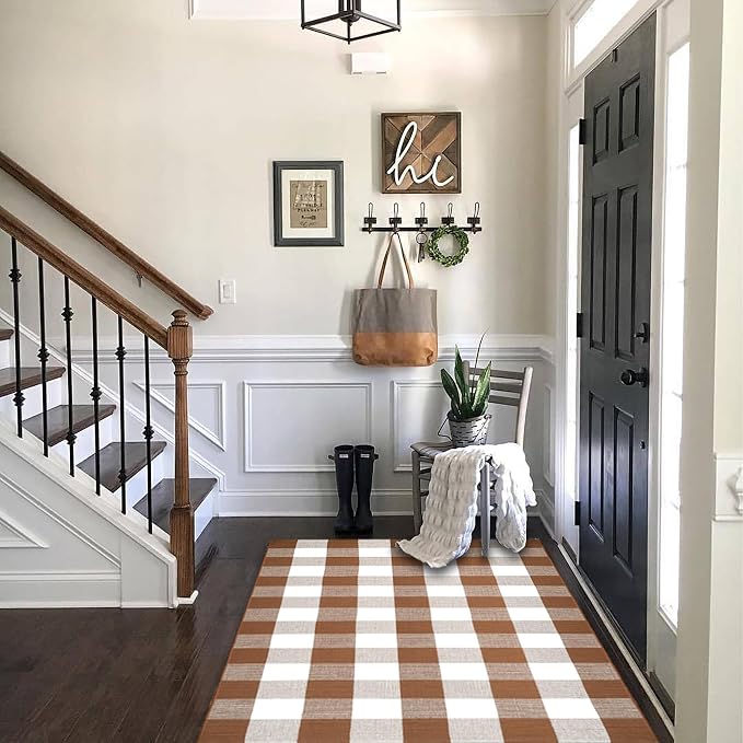 Homydecor Buffalo Plaid Outdoor Rugs, 3'x5' Coffe and White Checkered Area Rug, Layering Rug for Hello/Welcome Door Mat, Washable Cotton Woven Farmhouse Mat for Front Porch Décor