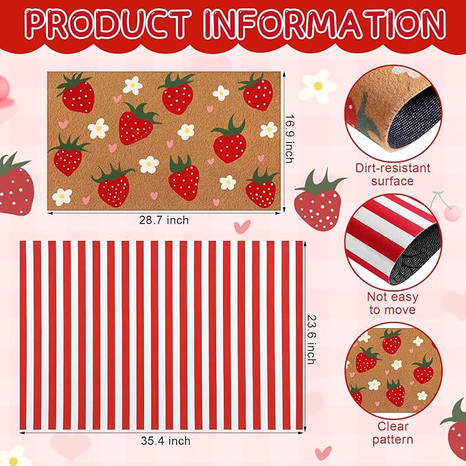 Tinideya 2 Pcs Strawberry Door Mat Summer Welcome Non Slip Coir Fruit Pattern Mats Floor Layering Red and White Stripe Doormats Seasonal for Front Porch Entryway Decor(Strawberry)