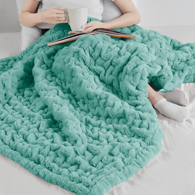 Madison Park Ruched Fur Throw Faux Fur Blanket for Sofa, 50" x 60", Aqua | Luxury, Premium, Soft Cozy Brushed Long Pile, All Season Plush Modern OEKO- TEX Certification Warm For Bed, Couch or Sofa