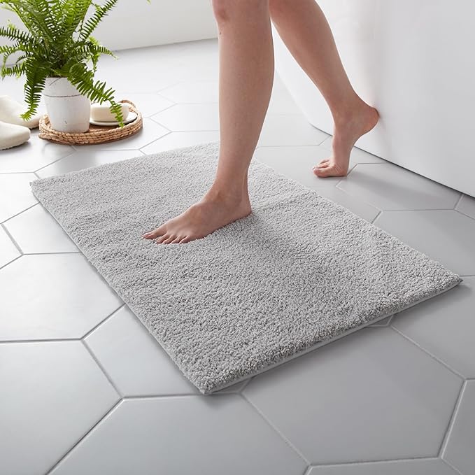 MARTHA STEWART Drylon Microfiber Bath Rug - 1 Piece, Ultra Soft Plush, Non-Slip, Thick, Washable Bathroom Rugs, Home Decor Accessories, Household Essentials, Large Bath Mat, 21" x 34", Light Gray