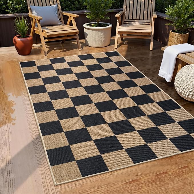 EDIMENS 3x5 Outdoor Rugs Checkered Easy Jute Front Door Mat Entryway Rug | Black Washable Non Slip Indoor Outdoor Rug Farmhouse Neutral Living Room Carpet for Backyard Porch Balcony Patio