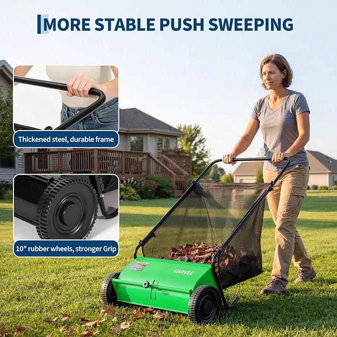 Garvee 26 Inch Push Lawn Sweeper, Walk Behind Leaf Grass Collector with 7 Cu ft Hopper Bag, Carbon Steel Frame, Yard Sweeper with Adjustable Brush Height for Garden Patio Driveway Leaves Cleanup | 7 Cu ft Hopper Bag, Carbon Steel Frame, Yard Sweeper wi...