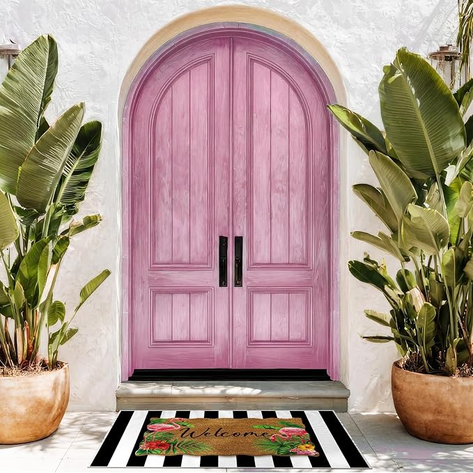 Fourluoo 2 Piece Summer Door Mat Combo Set 100% Coco Coir Tropical Flamingo Welcome Mat and 28 x 40 Inch Black White Striped Rug Layering Front Door Rug for Entrance Front Porch Outdoor Decor Gifts