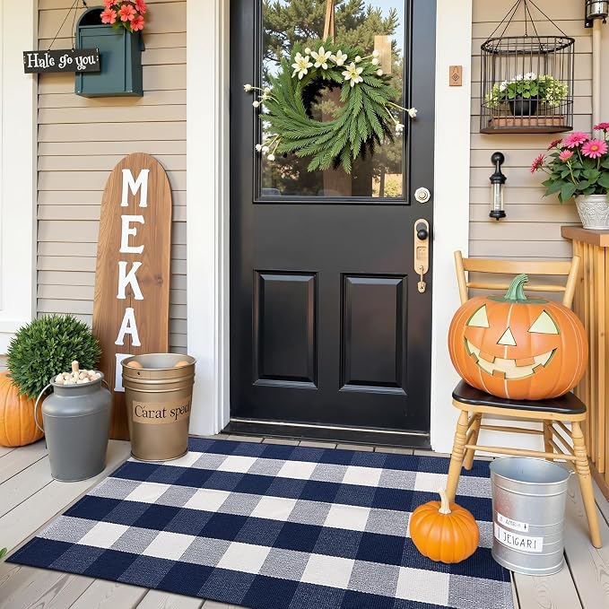 OLANLY Buffalo Plaid Rug 2' x 3' (24" x 36") – Navy and White Cotton Checkered Doormat, Washable Indoor Outdoor Rug for Layered Front Porch, Kitchen, Entryway Decor