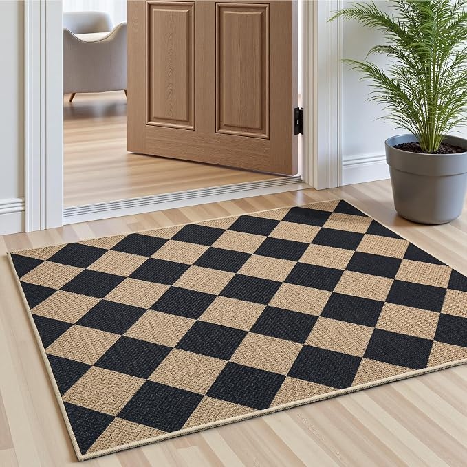 EDIMENS Checkered Easy Jute 2x3 Entryway Rugs Front Door Mat Entry Rug | Non Slip Small Area Rug Kitchen Mat Checkered Rug Farmhouse Low Pile Washable Black Indoor Outdoor Doormat for Porch Doorway