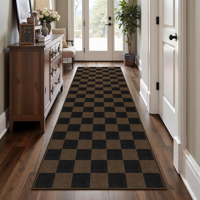 Rugalia Easy Jute Checkered Runner Rug, 2.6x8 Coffee Modern Washable Rugs Runner for Hallway Non-Slip Kitchen Runner Rug, Neutral Checkerboard Indoor Outdoor Carpet for Porch Laundry Entryway