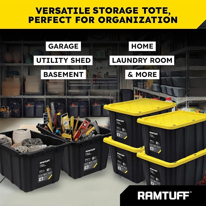 Ramtuff 4 Pack Heavy Duty Stackable Storage Container with Snap-Tight Lid, Resistant To Weather Organization Tote, 27 Gallon, Black and Yellow