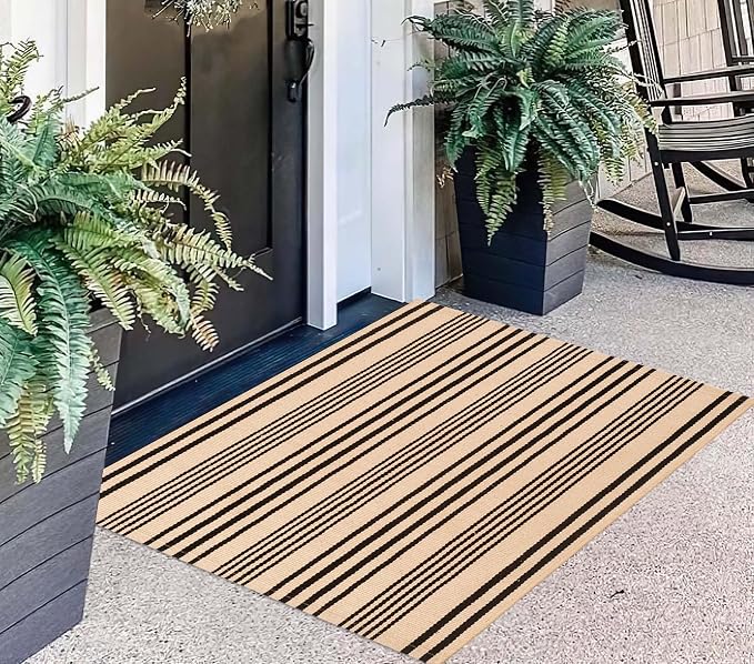 Front Outdoor Door Mat 2'x3',Tan Black Striped Outdoor Rug Machine Washable Cotton Layered Door Mat Entryway Throw Rug for Indoor Entrance