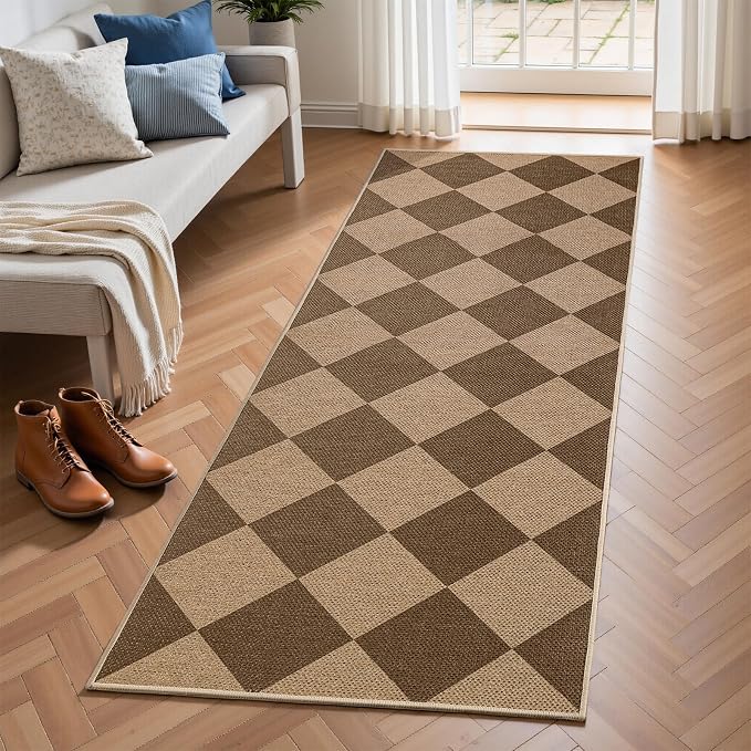 EDIMENS 2x6 Checkered Easy Jute Washable Kitchen Indoor Outdoor Runner Rug | Non Slip Front Door Runner Rug for Laundry Balcony Low Pile Rugs Brown Checkerboard Carpet for Hallway 6ft Entry