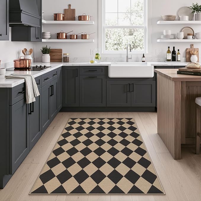 Tribesigns 3x5 Black Checkered Easy Jute Outdoor Patio Rugs for Porch | Washable, Non-Slip Diamond Rug for Front Door, Kitchen, Backyard, Entryway and Indoor Outdoor Spaces, Includes 4 Rug Grippers