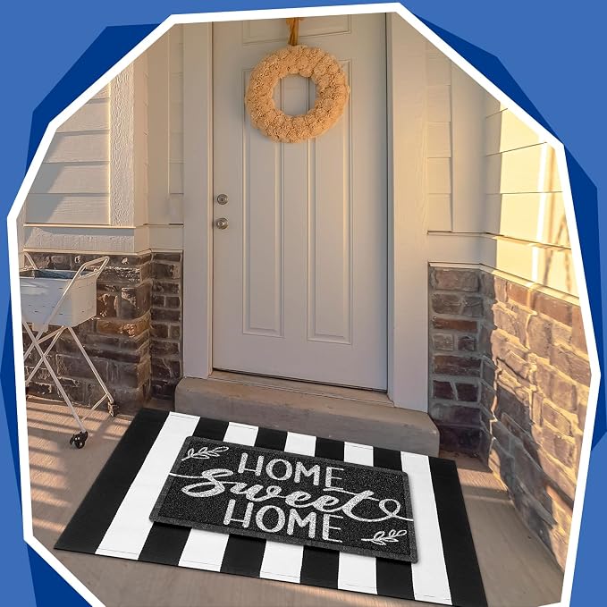 Geelin 2 Pcs 30'' x 18'' Doormat 43'' x 27.5'' Black and White Layered Rug for Front Door Mat Outside Entrance Welcome Door Mats for Indoor Outdoor Entryway Porch Decor(Stripe Home Sweet Home)