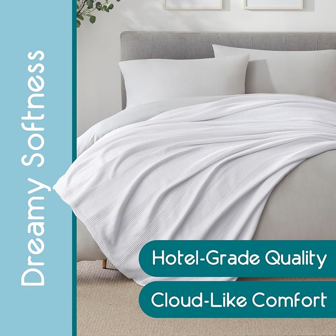 Vellux 100% Cotton Blanket, Twin, 66x90, White | Soft, Breathable Knit, Lightweight, All Season, Machine Washable, Oeko-Tex Certified, Hotel Quality