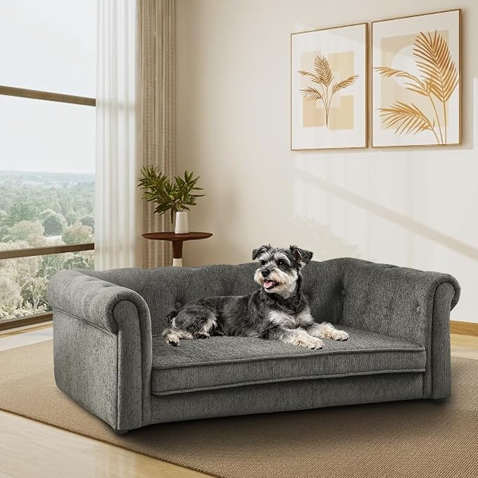 Dog Sofa for Small & Medium Dogs | Removable & Washable | No Assembly Required | Breathable Linen Fabric | Soft Foam |Floor-friendly sofa legs | Dark grey