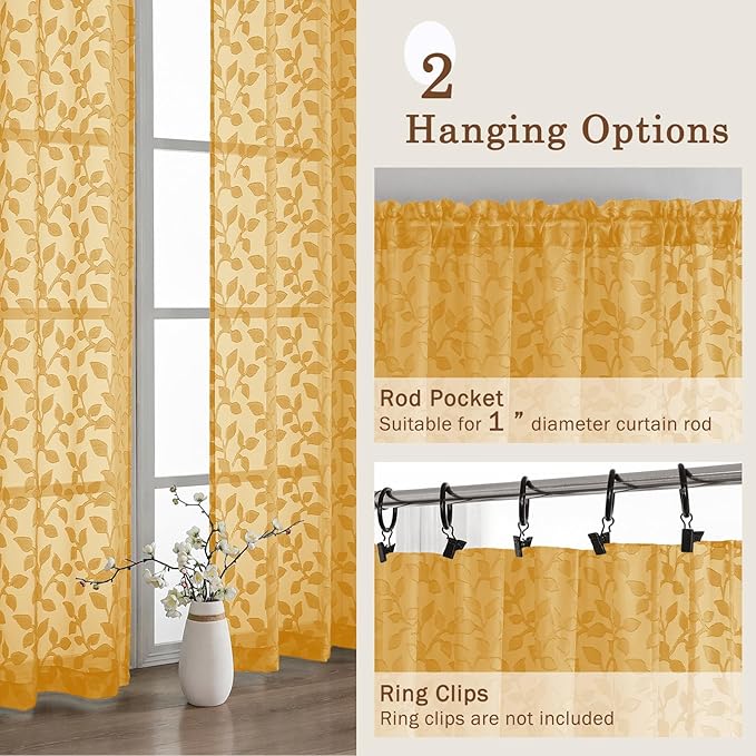 Chyhomenyc Gold Sheer Curtains 30 Inch Length, Light Filtering Leaf Tufted - Image 4