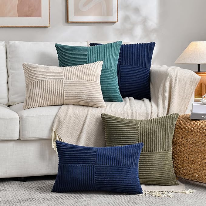 Fancy Homi 2 Packs Tan Long Lumbar Decorative Throw Pillow Covers 16x24 Inch for Couch Bed Sofa, Rustic Farmhouse Boho Home Decor, Soft Striped Corduroy Rectangle Accent Beige Cushion Case 40x60 cm